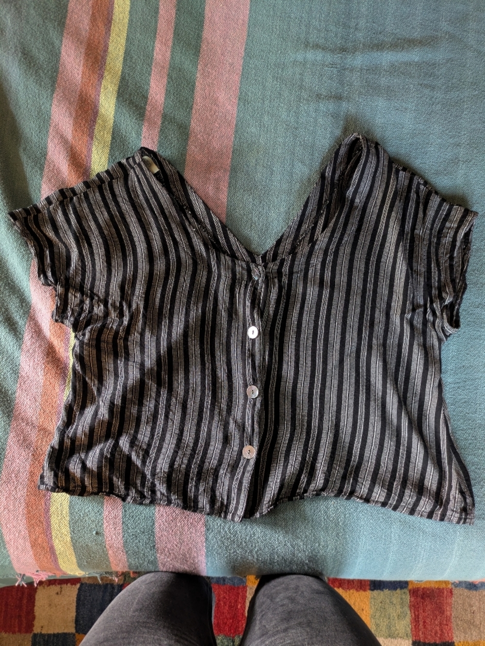 cameo Black and Gray Striped Button-Front Blouse